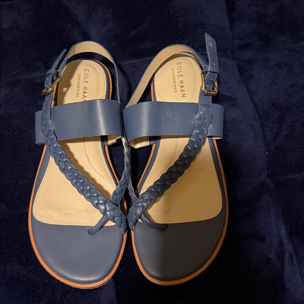 Cole Haan Grand Series Womens 8B Blue Braided Leather Flat Buckle Sandals Worn